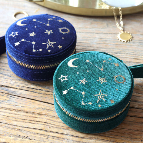 Navy Starry night printed velvet round jewellery case